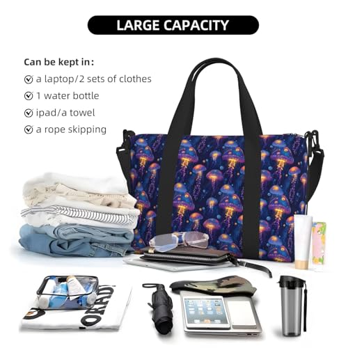 Travel Duffle Bags For Women Men - Colorful Purple Jellyfish Print Personal Item Weekender Overnight Gym Carry On Airport Tote Bag With Strap For Yoga, Travel, Business Trips4