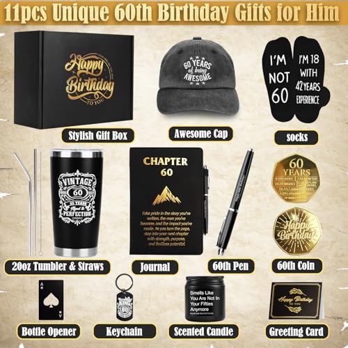 60th Birthday Gifts for Men - Unique Comprehensive Black & Gold Gift Box for Husband, Dad, Grandpa, Friends, Him