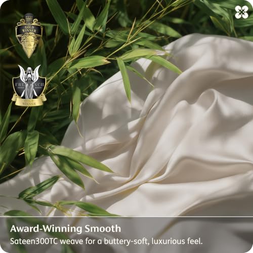 Image of Bedsure PureWoven 100% Viscose Derived from Bamboo, Queen Sheets, 3PCS | Organically Grown, 18 inch Deep Pocket, Cooling Fitted Sheet Set for Hot Sleepers, Luxury Silky Soft, No Flat Sheet, Beige