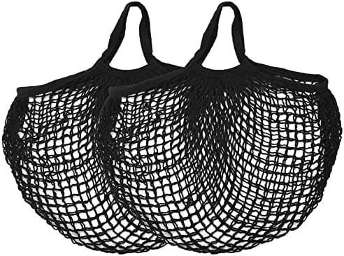 Eslazoer [2 pack completely Cotton string storage shopping bags, Ecology Reusable and washable mesh grocery bag, Portable short handle net tote Black