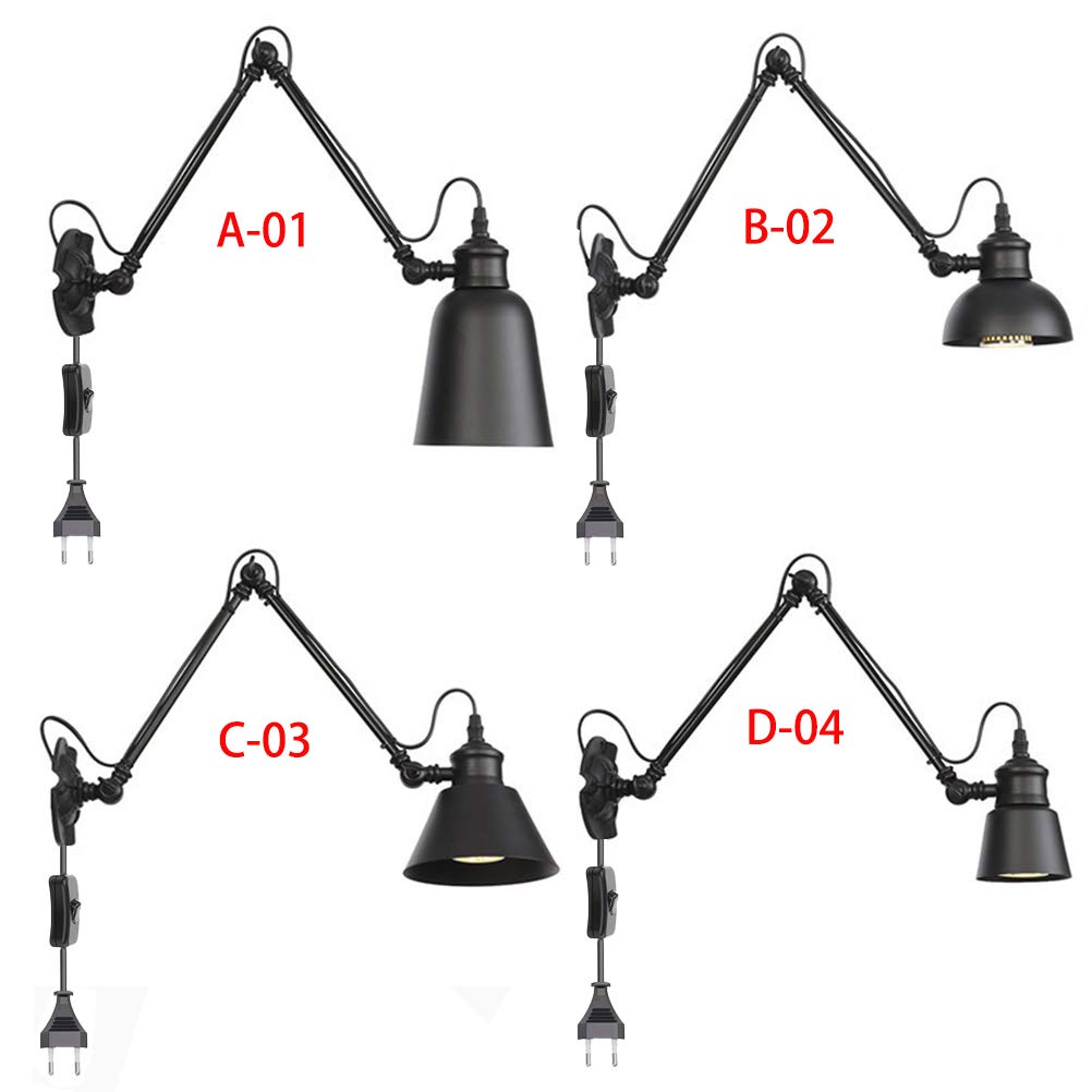 Schwarz Industrial Wandleuchte mit Schalter Retro Innen E27 Wandlampe Wohnzimmer Wand-Leselampen Verstellbar Metall Langer Arm 30+30cm, 1,8 m Kabel mit EU Stecker, für Schlafzimmer Bettseite Büro