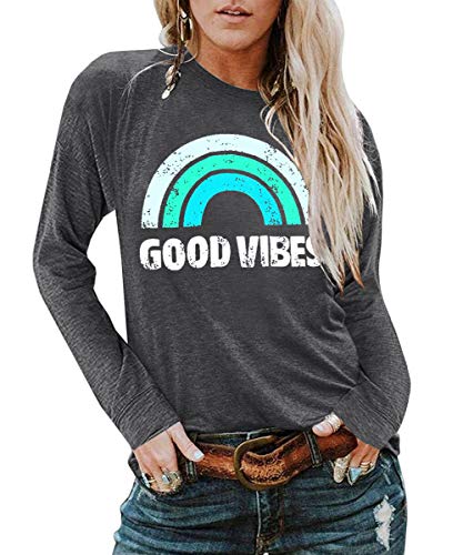 YEXIPO Womens Graphic Tees Good Vibes Shirt Long Sleeve Funny T Shirts Rainbow Print Cute Summer Tops (Medium, Z-Dark Grey)