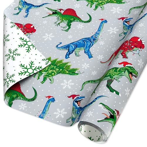 American Greetings Kids Christmas Wrapping Paper Roll with Dinosaurs Gray White Green Holiday Gift Wrap (60 sq. ft. 1 Reversible Roll) T-Rex Triceratops Velociraptor Brontosaurus Stegosaurus