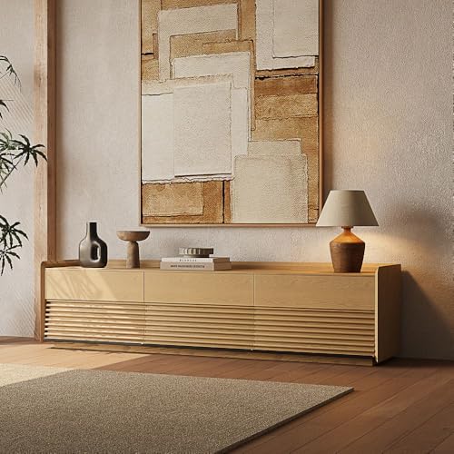 Image of POVISON 79 inch Fully Assembled Mid Century Modern TV Stand with LED Lights, Media Console with 6 Drawers, Wood Slatted Entertainment Center, No Assembly Required, Fits 75-85 Inch TV
