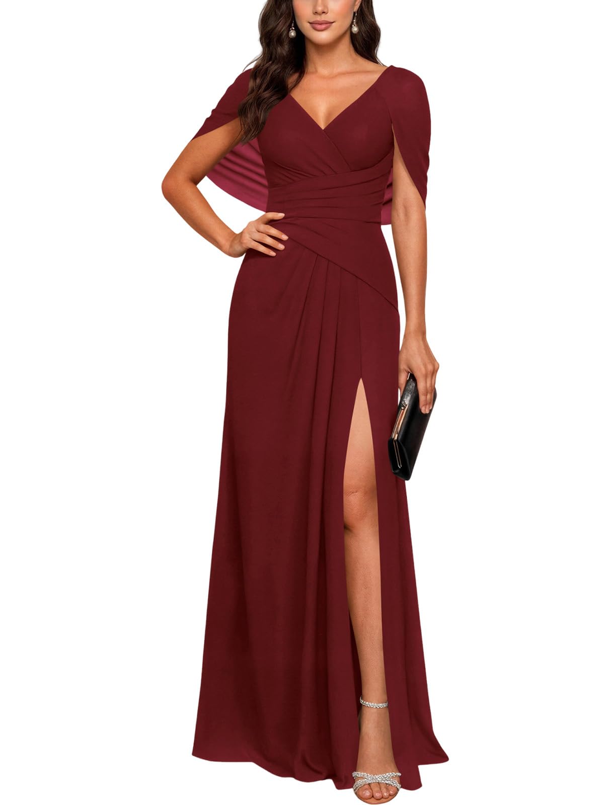 Photo 1 of liher Women's Mesh Wedding Guest Dresses Cowl Back Long Elegant Evening Party Flowy A-line Maxi Dress, Wine Red Medium