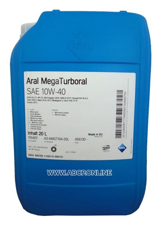 ARAL Aceite de motor 10W-40 MegaTurboral aceite parcialmente sintético ACEA E7 API CI-4 20L Compatible con VW Transporter T3 Bus 25 Transporter T3 Furgoneta 24, 25 Transporter T3 Caja/Chasis 24