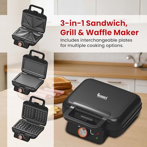 Image of Warmex 3 In 1 1000W Electric Bread Toaster Grill Sandwich, Waffle Maker Machine With Non-Stick Coating Removable Plates | Auto Shut-Off from 100C to 230C Temp Control Opens to 180, BPA & PTFE Free