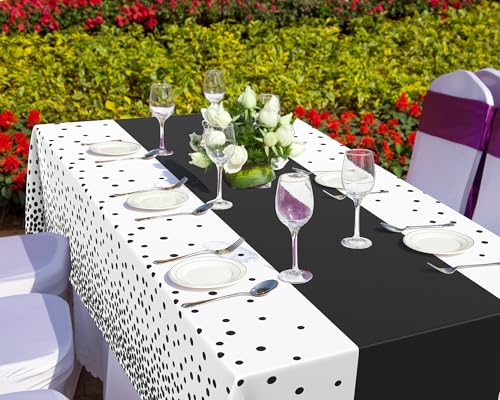Image of Oudain 6 Pcs Black and White Polka Dot Tablecloth, Minimalist Disposable Plastic Waterproof Tablecloths, Rectangle Table Cover for Birthday Wedding Baby Shower Minimalist Party Decorations, 54 inch x 108 inch