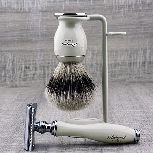 Haryali London - Set di 3 rasoi da uomo, con spazzola in pizzo argentato, con rasoio a doppio angolo, perfetto come regalo, rasatura bagnata, colore avorio