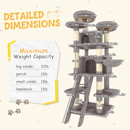 Image of Large Cat Tree, XL Multi-Level Cat Tower for Small & Large Cats with 2 Condos, 3 Perches & Hanging Hammock, Soft Plush Natural Sisal Scratching Posts, Stable for Multi-cat Families (Gray)