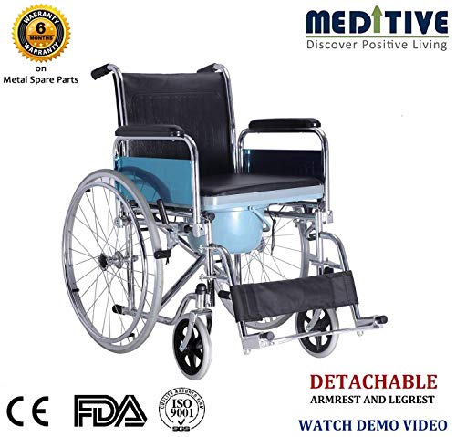 Image of MEDITIVE Commode Wheelchair: Chrome Plated Stainless Steel with Inbuilt Commode Pot and Flip back Armrest and Detachable LegrRest