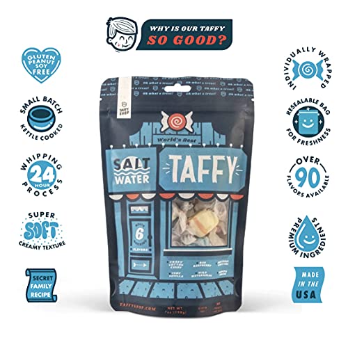 Amazon Com Taffy Shop World S Best Salt Water Taffy 25 Pieces 7oz Unique Themed Bag Assorted Mix Of Flavors Raspberry Watermelon Banana Cotton Candy Birthday Cake Bulk Saltwater Taffy Gluten Free