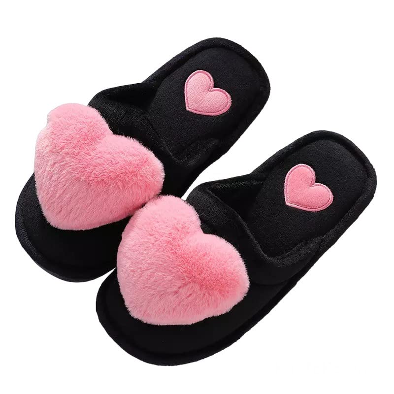 Women's Heart Love Fuzzy Slippers - Black Slide-On, Fluffy & Comfortable Indoor Cozy Slippers