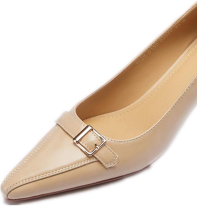 TinaCus Handmade Genuine Leather Women's Closed Pointed Toe Mid Kitten Heel Vintage Pump Shoes with Buckle Decor