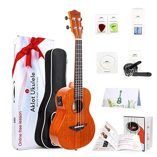 Aklot Concierto Eléctrico Ukelele Caoba Maciza de 23 Pulgadas Ukulele con Curso Gratuito Online,Sintonizador incorporado, kits de inicio