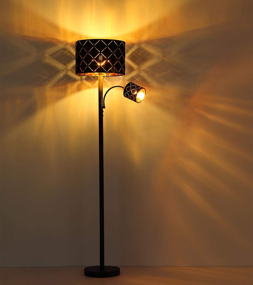 Stehleuchte mit Leselampe Stehlampe Wohnzimmer Stehleuchte Leseleuchte Deckenfluter Schwarz Gold, Leselampe flexibel Dekorstanzungen, 1x E27 1x E14, DxH 35 x 162 cm