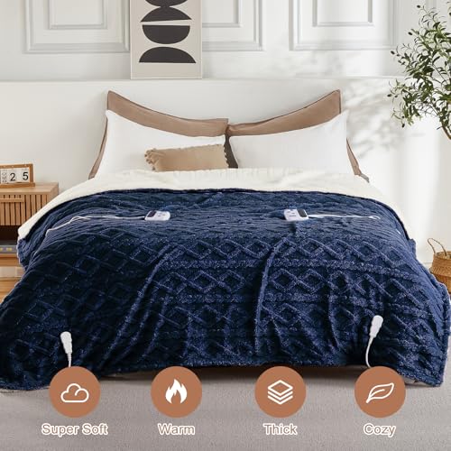 CAROMIO Electric Blanket Queen Size Dual Control - Thick Tufted Sherpa Heated Blanket Queen with 6 Heat Levels and 20 Time Settings, ETL Certified Fast Heating Blanket Queen Size 84"×90", Navy Blue