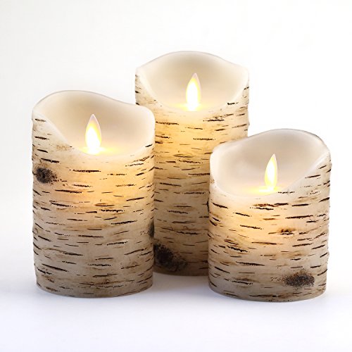 Flameless Candles with brich Effect 4" 5" 6" Set of 3 Dripless Real Wax Pillars Include Realistic Dancing LED Flames and 10-Key Remote Control with 24-Hour Timer Function -AntizerTM