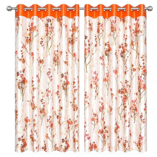 Image of 9 Feet Polyester Floral Light Filtering Long Door Curtains for Bedroom, Living Room & Hall, Eyelet Top, Orange Print Curtain Set of 3