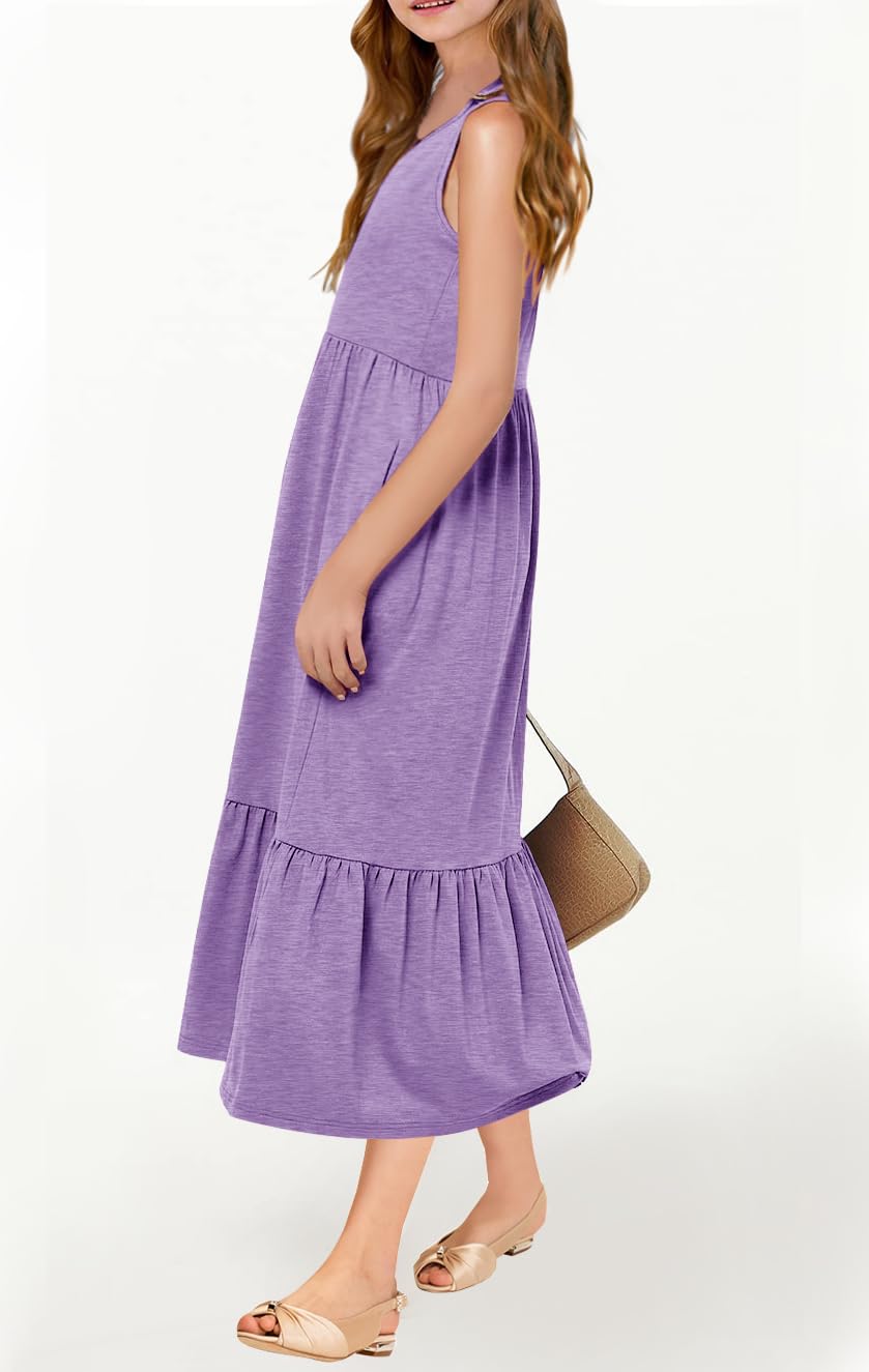 Vestidos de niña de verano sin mangas cuello redondo tirantes casual largo