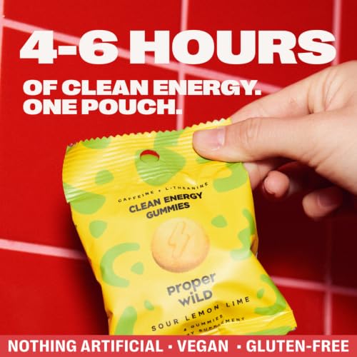 Image of Proper Wild Energy Chews & Gummies for Focus & Clean Energy, Vegan with L-Theanine & Organic Caffeine, Plant-Based, Gluten-Free, Non-GMO, Sour Lemon Lime (10-Pack) | Reduced Jitters, 100mg Natural Caffeine Gummies with L-Theanine, Plant-Based, No Artificial Sweeteners, Reduced Crash