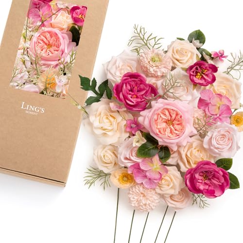 Ling's moment Artificial Blush Flowers Combo, Berry Pink & Cream, Deluxe