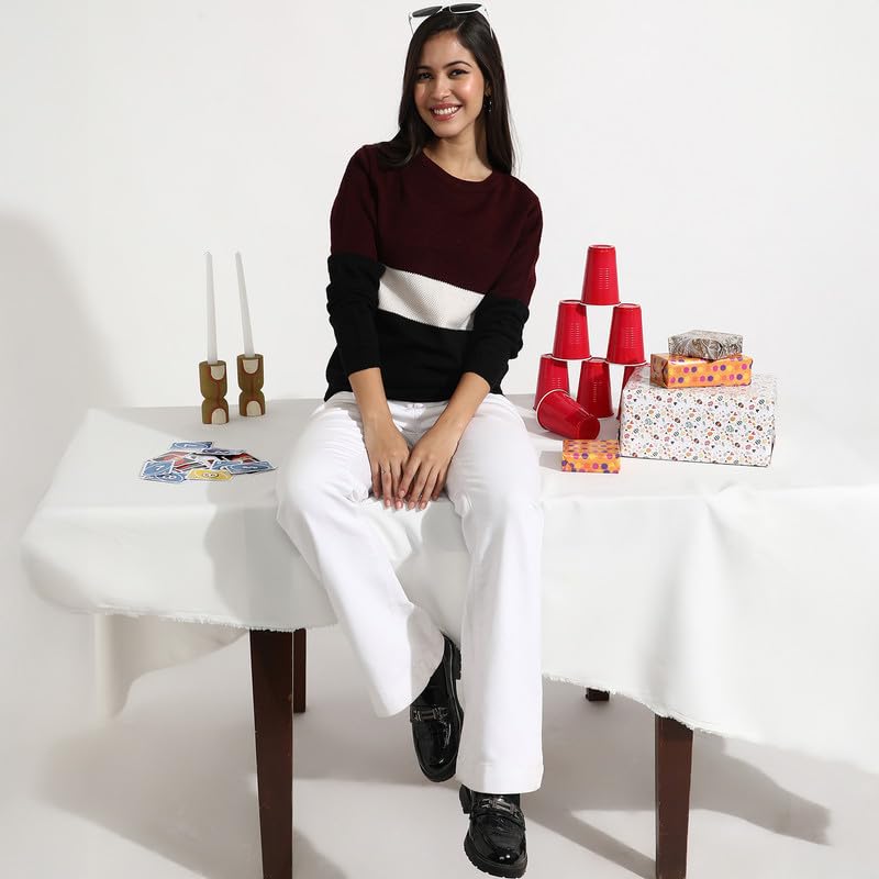 Image of PINACOLADA Women's Geometric-Textured Pullover Sweater for Casual Wear | Crew Neck | Long Sleeves | Pull On Closure | Sweater Crafted with Comfort Fit for Everyday Wear