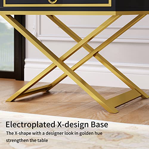 DWVO Modern Black Nightstand with Drawer Solid Wood Small Bedside Table Gold Metal Frame Fully Assembled End Table for Living Room Bedroom