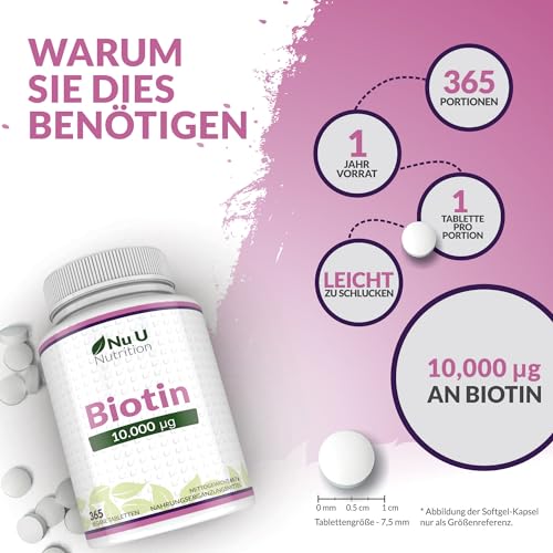 Biotin Nu U Nutrition hochdosiert 10.000 mcg, 365 vegane Tabletten