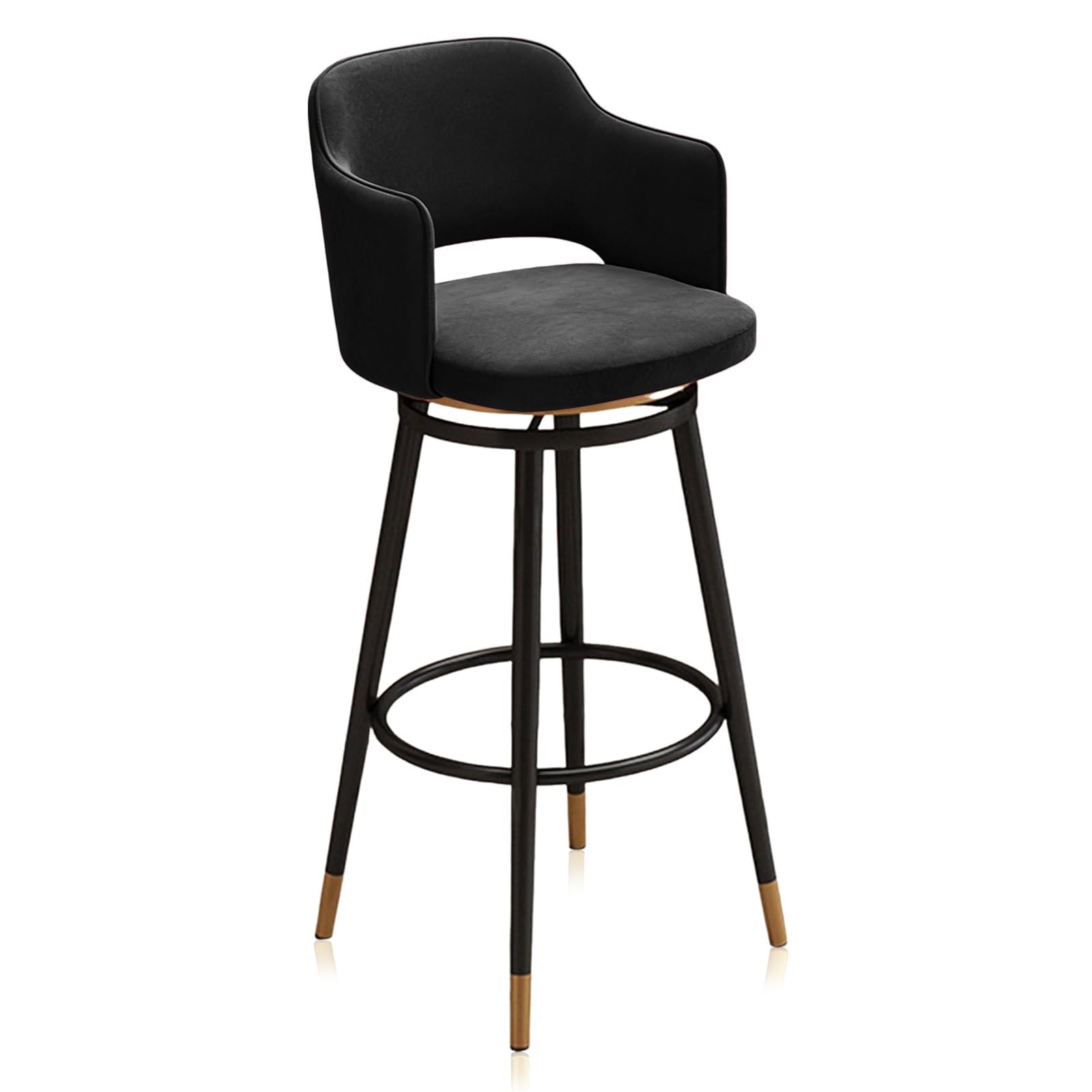 Luxury Barstool Counter Height Bar Stools Set of 1, Swivel Velvet Upholstered Chairs with Black Footrest and Back, Mid Century Bar Chair Modern Barstools for Kitchen Island(Black,65cm(25.6in))