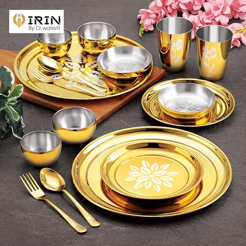 Image of iRiN by Dr.WaterR Parivar Stainless Steel Designer Dinner Set Gold PVD | Kitchen Set | Ideal for Home | Restaurant | Gifting | Wedding | Bowls, Plate, Glass, Spoon, Fork (Pack of 51pc - for 6Person)