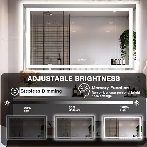 60"x40" LED Mirror for Bathroom, Front and Backlit, Anti-Fog Vanity Mirror with Lights, Stepless Dimmable Lit, 3 Colors Smart Mirror (Horizontal/Vertical)