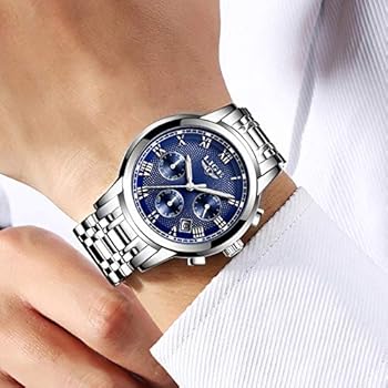 LIGE Herenhorloge, sport, waterdicht, roestvrij staal, analoog, kwartshorloge, casual, chronograaf, kalender, polshorloge voor heren, blauw zilver., armband
