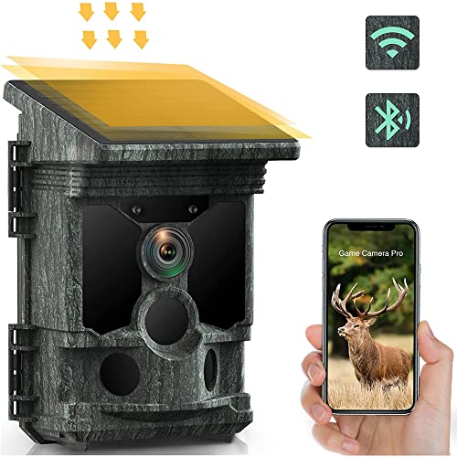 QWAA Solar Trail Camera 36MP 4K 30FPS, Bluetooth WiFi Trail Camera 0.1s Trigger Time with 120Â° Detection Angle Night Vision Motion Activated IP66 Waterproof for Wildlife Monitoring, Black