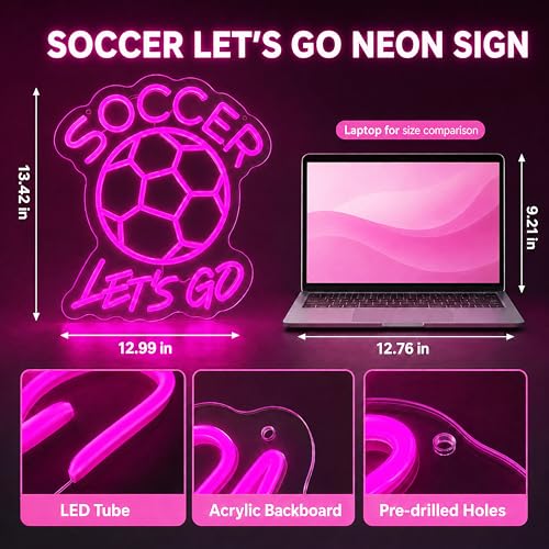 Image of Soccer Let's Go LED Neon Sign, Pink Soccer Ball Neon Wall Light for Bedroom, Game Room, Sports Bar, Fan Cave, Team Room Decor, USB Powered Dimmable Soccer Gift for Teen Girls, 13.42 x 12.99 In