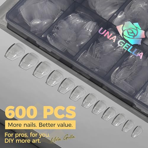 Image of UNA GELLA 600Pcs Short Coffin Nail Tips, Short Coffin Gel Nails Tips Pre Etched 12 Sizes Soft Gel Fake Nails Tips Pre-file Full Cover for Nail Extension Home DIY Salon with Box