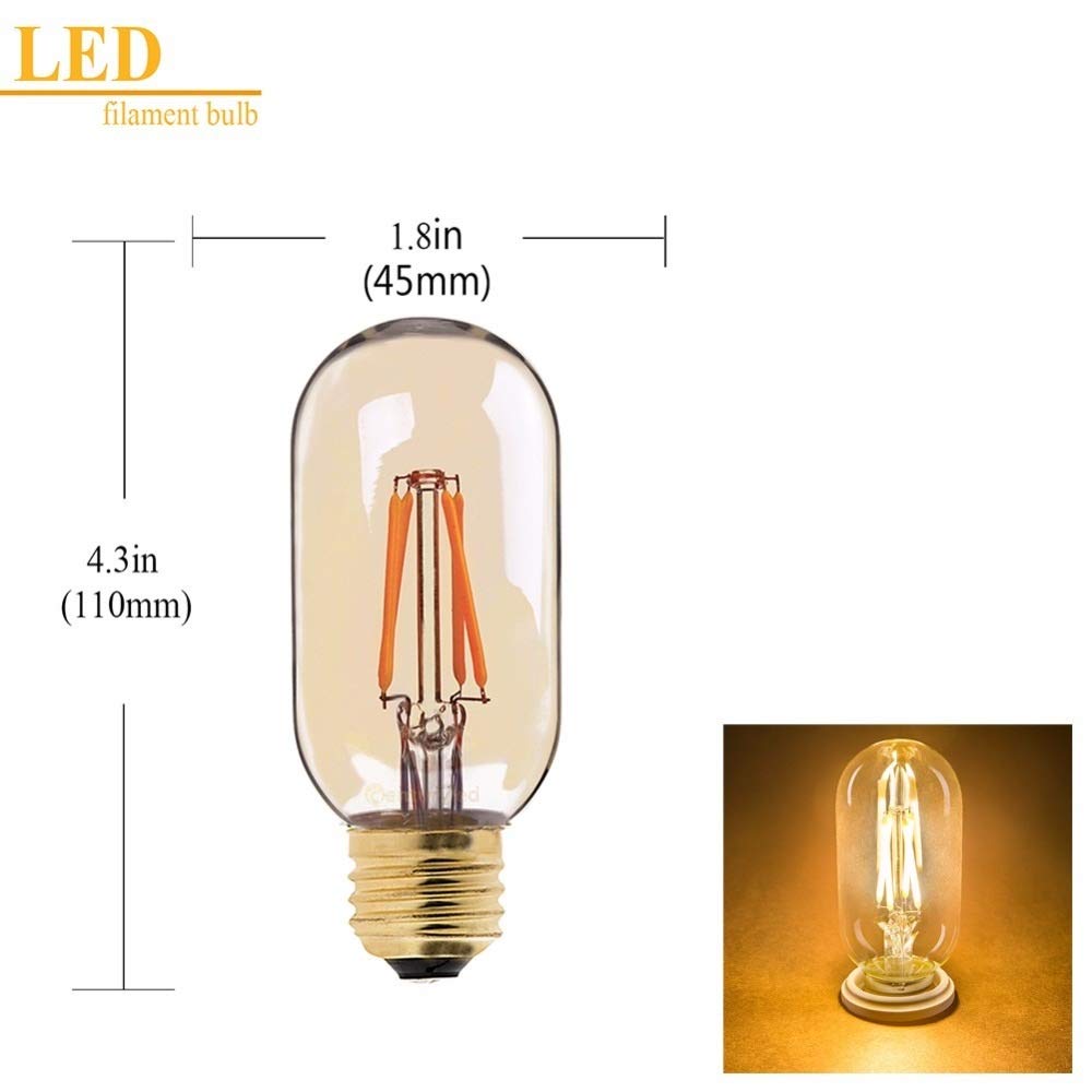 HHF Iluminación del hogar, Paquete de 15, Bombilla de Filamento LED E27 AC220V T45 4 Chips Lámparas Edison Tinte Ámbar Tubular 4W 2200K