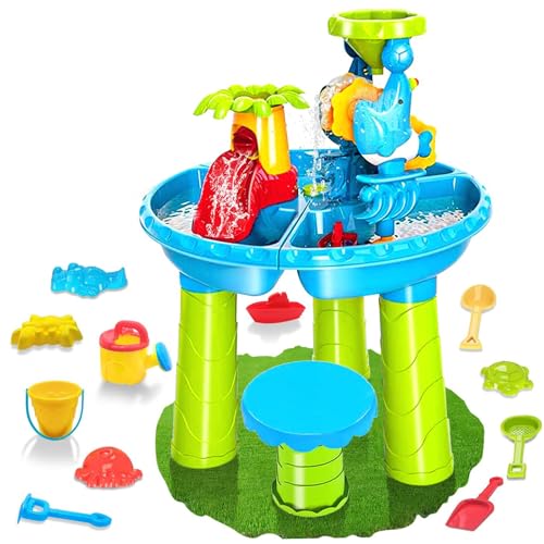 Mesa de Agua para niños, Mesa de Juegos de Agua y Arena 3 en 1 con moldes de Animales, Pala, Paleta, rastrillo de Mano, Cubo, Banco y más para Juguetes de Verano, Playa, Piscina, Patio Trasero