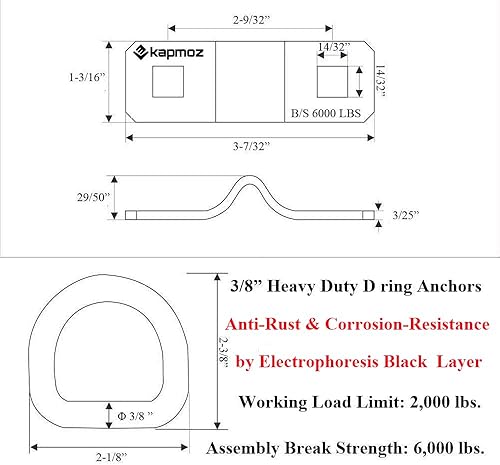 Miniatura 2 de Anclajes de amarre para anillos en D de 38 pulgadas, color negro, paquete de 4