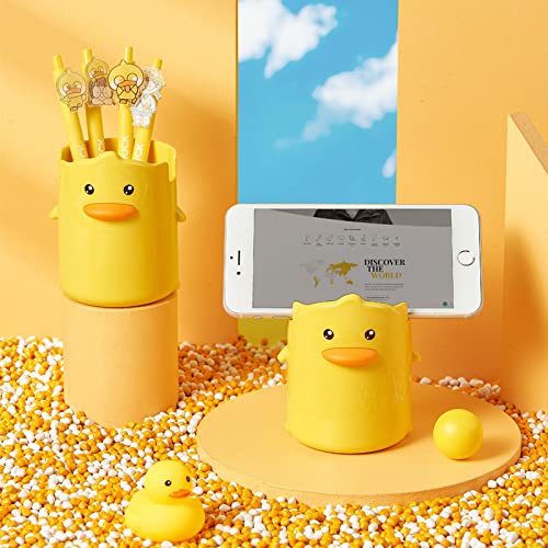 SDLAJOLLA Porta-lápis para mesa, porta-canetas de pato amarelo pequeno, suporte para caneta de mesa, suporte para canetas, suporte para pincel de maquiagem, caixa de armazenamento organizador de mesa para casa e crianças 3,5 × 3,5 × 4,1 polegadas