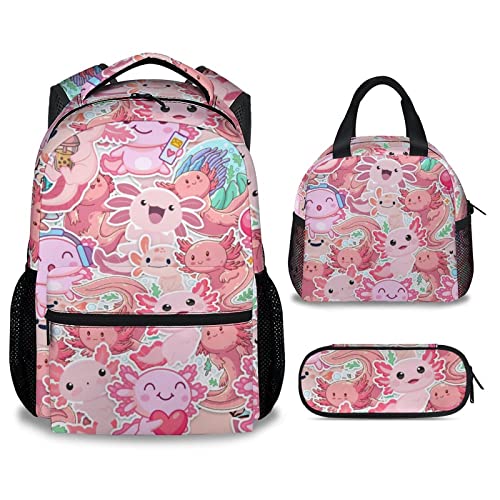 COOPASIA Axolotl Backpack with Lunch Box And Pencil Case, 16 Inch Axolotl Theme Bookbag with Adjustable Straps, Durable, Lightweight, Large Capacity, School Backpack for Girls Women