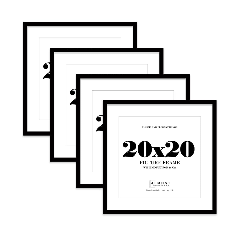 20x20 Black Picture Frame with Mount for 18x18 Photos, Prints - Modern Square Wall Frame, Set of 4