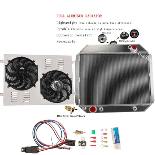 Image of 3 Row Aluminum Radiator for 1966-1979 Ford F100 F150 F250 F350 Bronco Truck 2.8-7.5L V8 Radiators with Electric Fan Shroud Thermostat Kit 1968 1969 1970