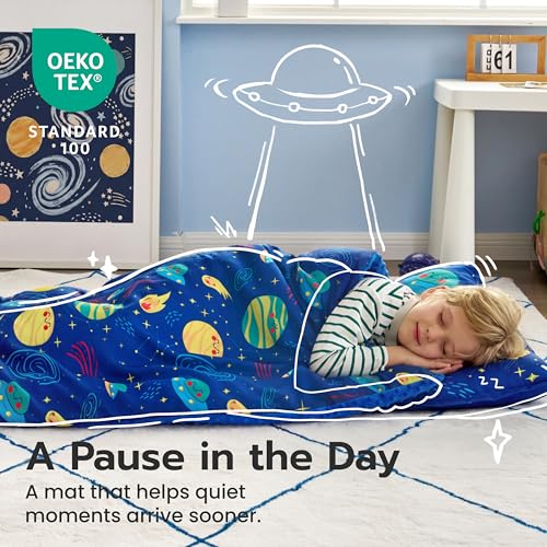 Image of JOIEDOMI Toddler Nap Mat with Removable Pillow and Minky Blanket 55''x30'' Kids Sleeping Bag for Boys and Girls Ages 3-6 Roll Up Soft Nap Mats for Preschool Kindergarten Daycare Sleepover