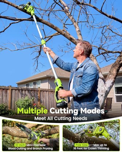 Image of 10 Inch Electric Pole Saws for Tree Trimming, 1000W Brushless Pole Saw and Mini Chainsaw 2 in 1, 2*4000mAh Battery, Lightweight Tree Saw with Extension Pole, 16Ft Max Reach Tree Trimmer Branch Cutter