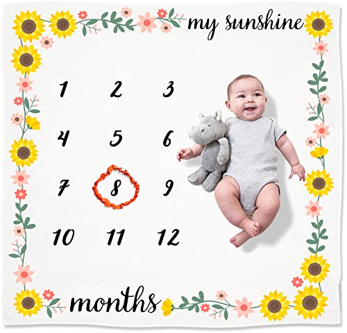 Image of Organic Baby Monthly Milestone Blanket Girl - You are My Sunshine Photo Memory Age Blanket + Month Frame - Personalized Baby Growth Milestones, Newborn to 12 Months, Sunflower Nursery Decor, Floral