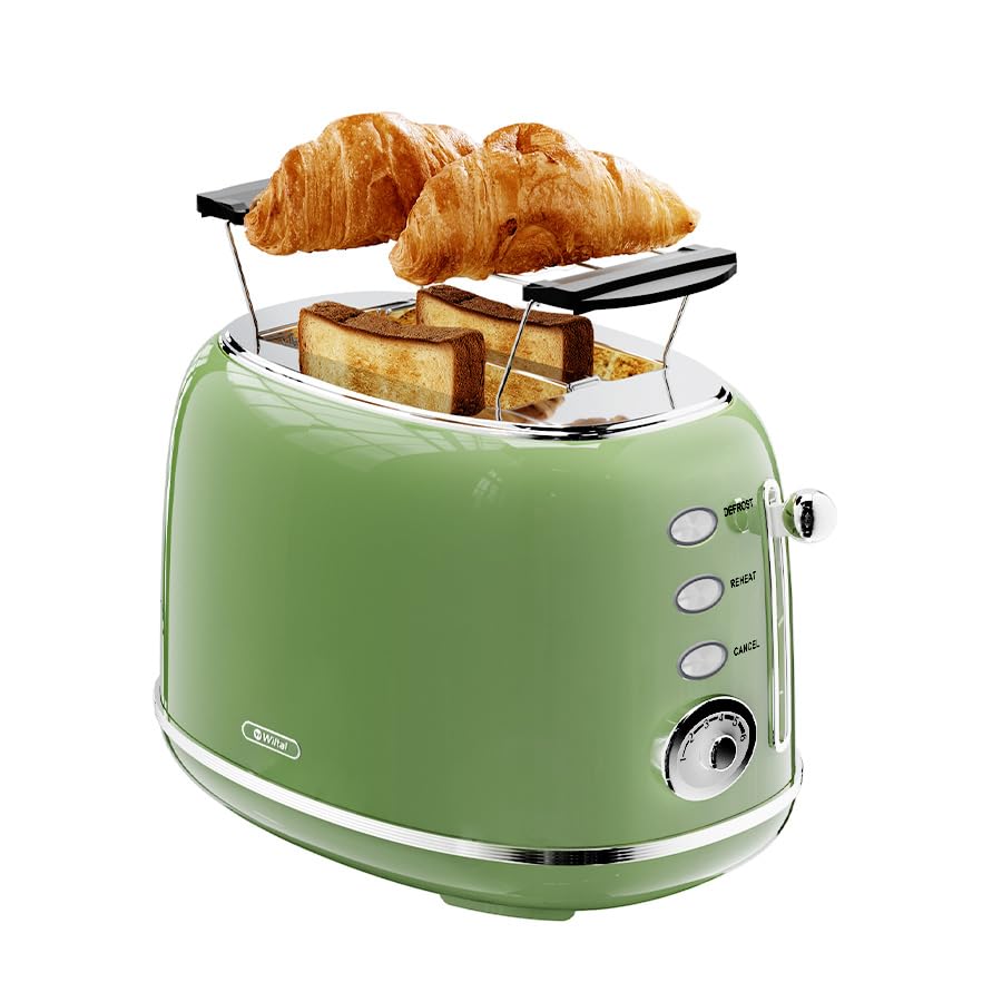 Wiltal Retro Toaster 2 Scheiben Edelstahl – Brötchenaufsatz, 6 Röststufen, Vorheiz- und Auftaufunktion, Abschaltautomatik, Cremefarben, Perfekt für Sandwiches & Toast – TS-R008