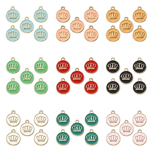 Stiesy 45Pcs 9 Colors Enamel Crown Pattern Round Charms Pendants Colorful Crown Charms Flat Round Crown Dangle Charms for Jewellry Making DIY Crafts