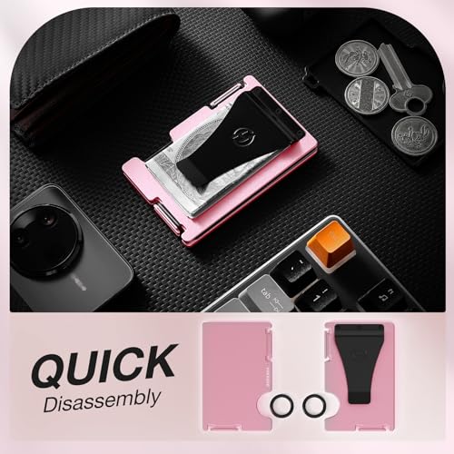 Wallet for Women, Minimalist Card Holder with Money Clip, Slim Metal Front Pocket Wallet, RFID Blocking, Pink, PMLC-063