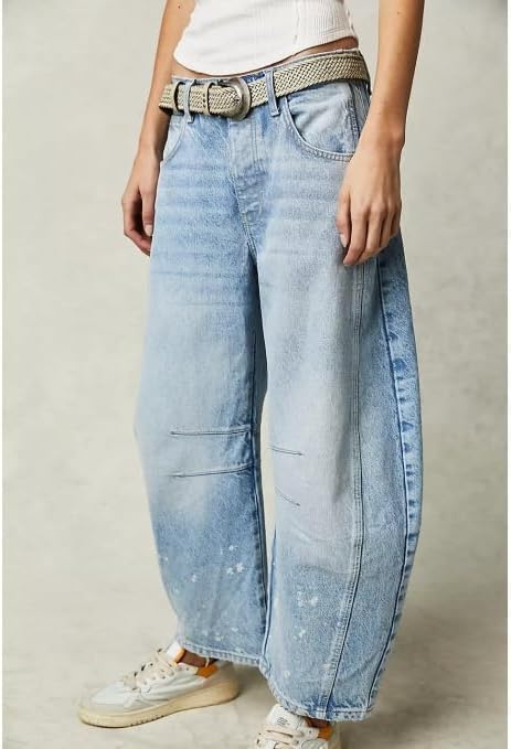 Barrel Jeans Women,Mid Rise Barrel Jeans for Women Wide Leg Loose Y2K Boyfriend Baggy Jeans Cropped Denim Pants with Pockets4